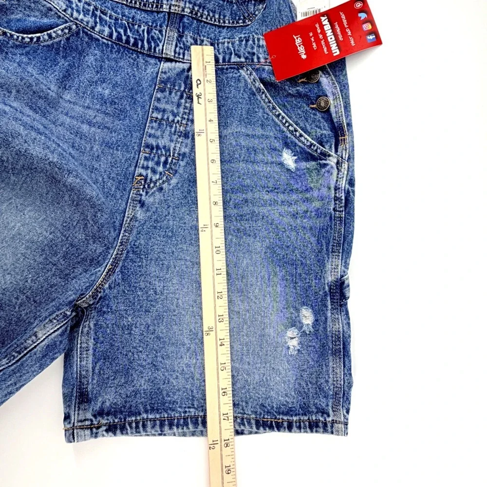 Unionbay Denim Shortalls Women Large Blue NEW Distressed Retro Utility J1L9150 - Picture 16 of 16